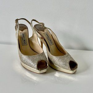 Jimmy Choo, Size 37, Gold Tone Leather, High Heel, Open Toe, Sling Back Shoes